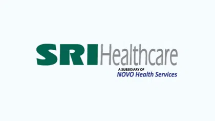 Logo of SRI Healthcare, a subsidiary of NOVO Health Services, with green and gray text on white background