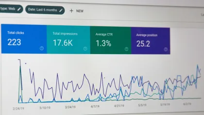 Graph showing website analytics with total clicks 223, impressions 17.6K, CTR 1.3%, and average position 25.2 over six months.