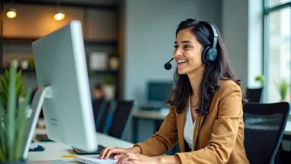 Smiling woman in headphones working at a desk with a computer in a modern office.