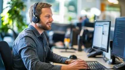 A man wearing headphones working on a computer in a modern office environment.