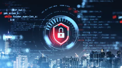 Digital security concept with padlock symbol over a futuristic city skyline and binary code.