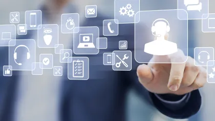 Person interacting with digital icons representing technology and customer service support.