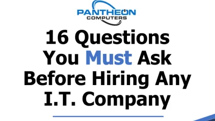 Guide cover for hiring IT companies, featuring Pantheon Computers branding and tech-themed design elements.