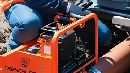 Worker operating an orange Trenchless machine for pipe installation in outdoor construction work site.