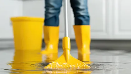 Person wearing yellow boots mopping a flooded floor with a yellow mop and bucket in a bright room.