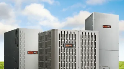 Three outdoor HVAC units on grass with a bright blue sky backdrop, featuring metal vents and RUNTRU logos.