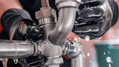 Close-up of hands in black gloves tightening a leaking metal pipe joint with water splashing and dripping down.
