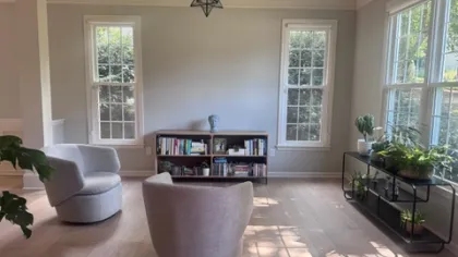Bright living room with two gray armchairs, wooden bookshelf, large windows, and plants on black metal shelf.
