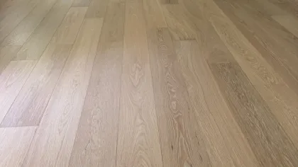 Light wood laminate flooring in an empty room with open closet doors and gray walls under natural light.