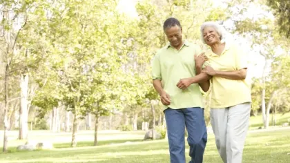 Senior couple walking arm in arm smiling happily in a sunny green park with trees in the background