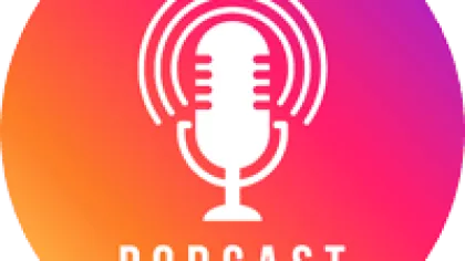 White vintage microphone with sound waves and the word Podcast on a pink to orange gradient circle.