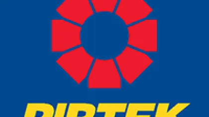 Red circular gear logo above bold yellow PIRTEK text on blue background