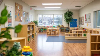 Bright and spacious preschool classroom with wooden furniture, toys, bookshelves, and large window with natural light.