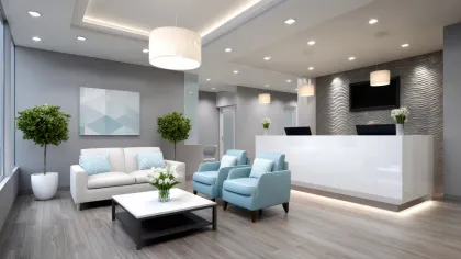 Modern reception area with white sofa, blue chairs, coffee table, plants, and minimalist decor in soft lighting.