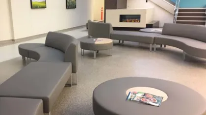 Modern waiting area with curved gray sofas, round tables, a fireplace, and minimalist decor in a bright room.