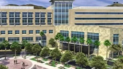 Modern multi-story building with large windows surrounded by palm trees and a landscaped plaza with fountains.