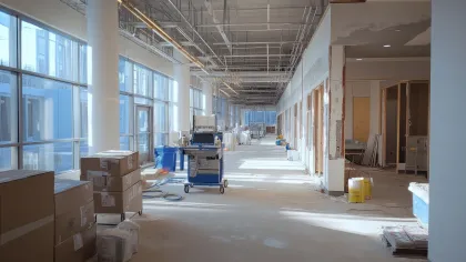 Bright construction site hallway with large windows, stacked boxes, equipment, and exposed ceiling in progress