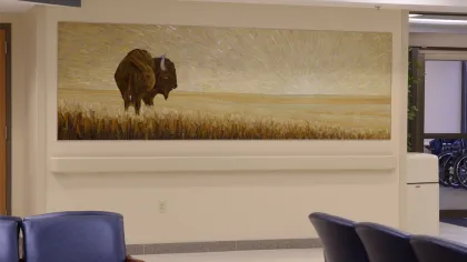Modern painting of a bison in a golden field displayed on a beige wall above blue waiting room chairs.