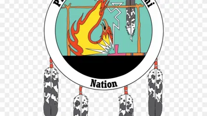 Logo of Prairie Band Potawatomi Nation featuring fire, feathers, and lightning within a circular design.