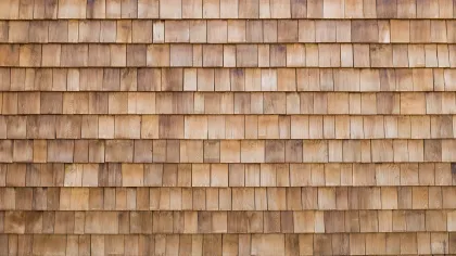 Close-up of wooden shingles arranged in uniform rows showing natural grain and color variations.