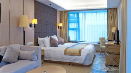 a hotel room with a bed and a desk