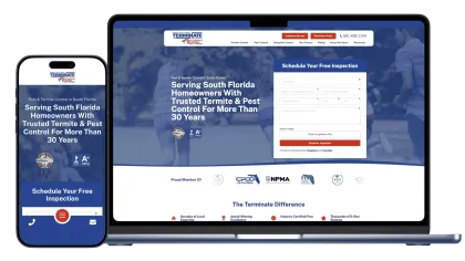 Responsive pest and termite control website for South Florida homeowners with free inspection scheduling form.