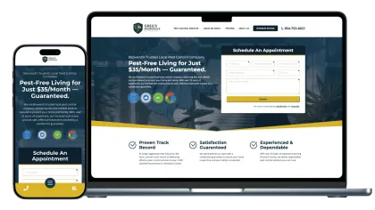 Responsive pest control company website showing service guarantee, appointment form on phone and laptop screens.