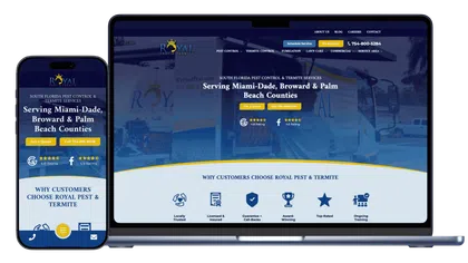 Responsive Royal Pest & Termite website on smartphone and laptop showing pest control services in South Florida.