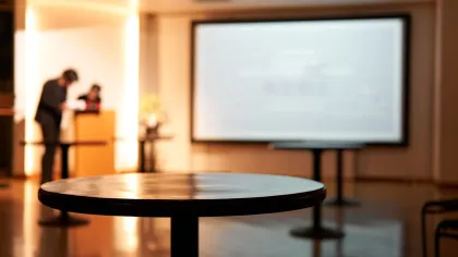 a table with a screen in the background