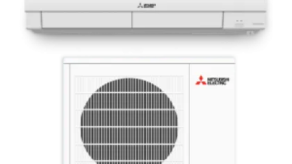 White Mitsubishi Electric split air conditioner with indoor and outdoor units shown against transparent background