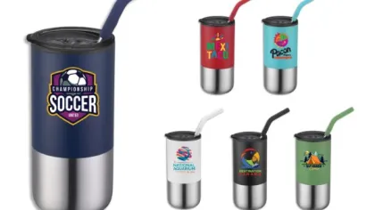 Stainless steel tumblers with colorful lids and straws featuring various custom logos and designs.