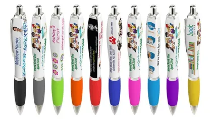Row of promotional pens with various colorful grips and personalized printed designs and logos on white barrel.