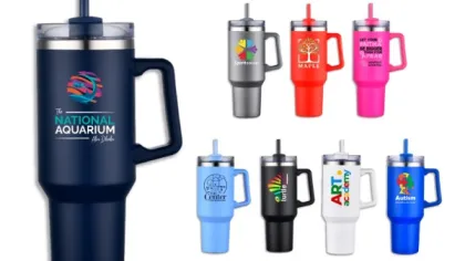 Colorful insulated tumblers with handles and straws featuring diverse logos and designs for various organizations.