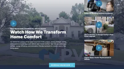 Elegant house exterior with HVAC system improvements and video thumbnails showcasing home comfort solutions.