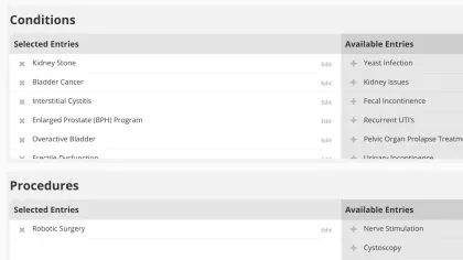 Web interface showing selected and available medical condition and procedure entries with editable options and search bars.