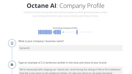 Octane AI company profile interface showing company name and brand voice example input fields.