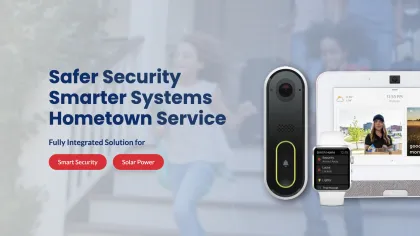 Smart home security devices including doorbell, indoor screen, camera, and smartwatch with security features.