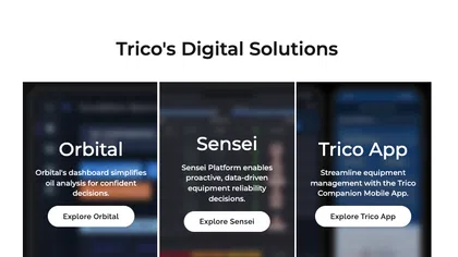 Display of Trico's digital solutions including Orbital, Sensei, and Trico App with feature descriptions and exploration buttons.