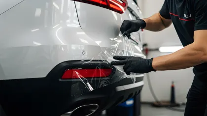 Person applying protective clear film to rear bumper of white car in a workshop setting