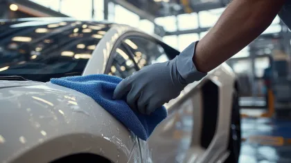 Person wearing glove cleaning white sports car with blue microfiber cloth in indoor garage.