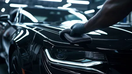 Hand with glove polishing shiny black car hood under bright garage lights with microfiber cloth.