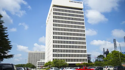 a tall white building