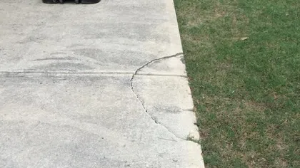 Cracked concrete driveway with basketball hoop on a grassy area, showing signs of wear and tear.