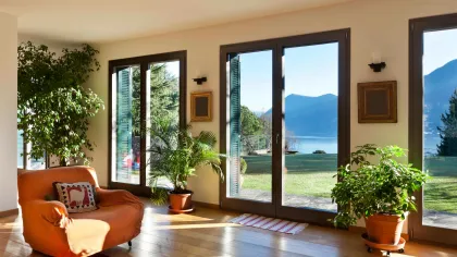 a living room with a large glass door