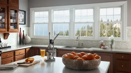 Bright kitchen with wooden cabinets, large windows, countertop juicer, and a bowl of fresh oranges on the island.
