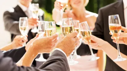 Group of people dressed formally toasting with champagne glasses at a celebration outdoors