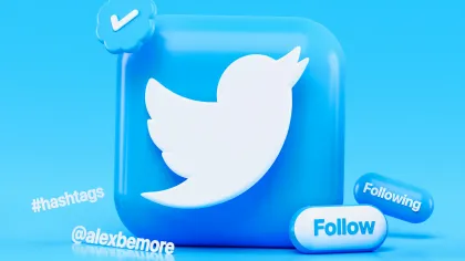 3D illustration of the Twitter logo with verified checkmark and follow buttons on a blue background