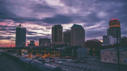 a city skyline at sunset