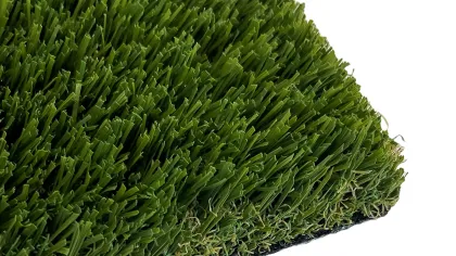Close-up of vibrant green artificial grass showing detailed texture and lush appearance.