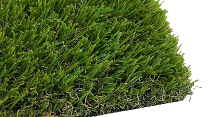 Close-up of lush, green artificial grass with realistic texture and vibrant color.